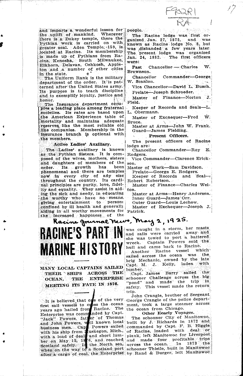 Racine's part in marine history Source: Racine Journal-News Topics: Wars Date: 1925-05-02