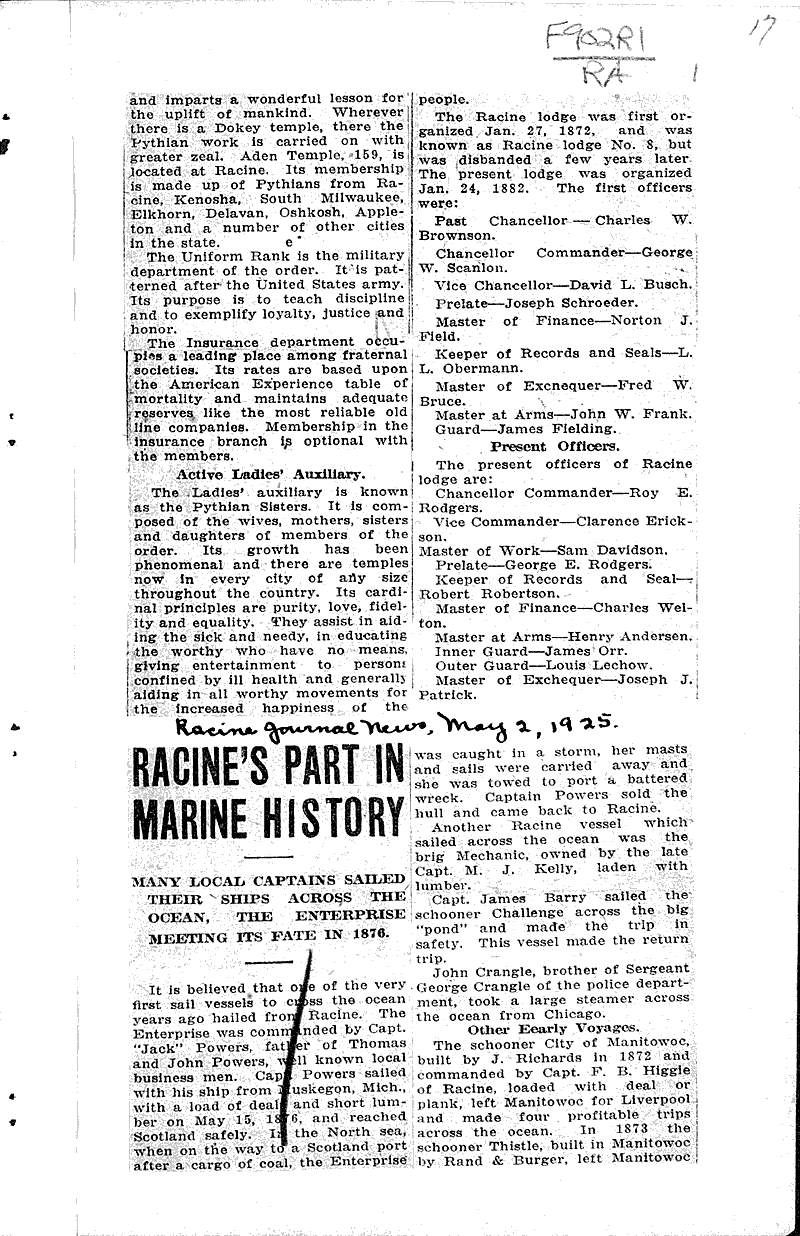  Source: Racine Journal-News Topics: Wars Date: 1925-05-02