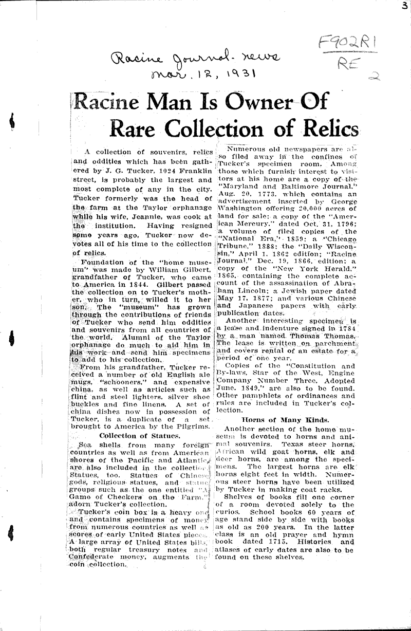 Racine man is owner of rare collection of relics Newspaper Article