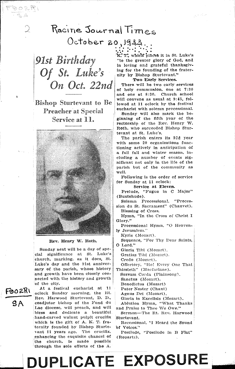  Source: Racine Journal-Times Topics: Church History Date: 1933-10-20