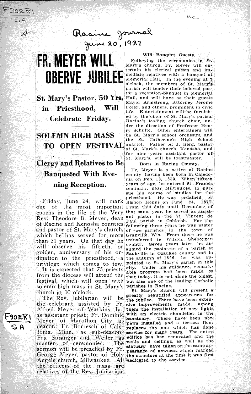  Source: Racine Journal Topics: Church History Date: 1927-06-20