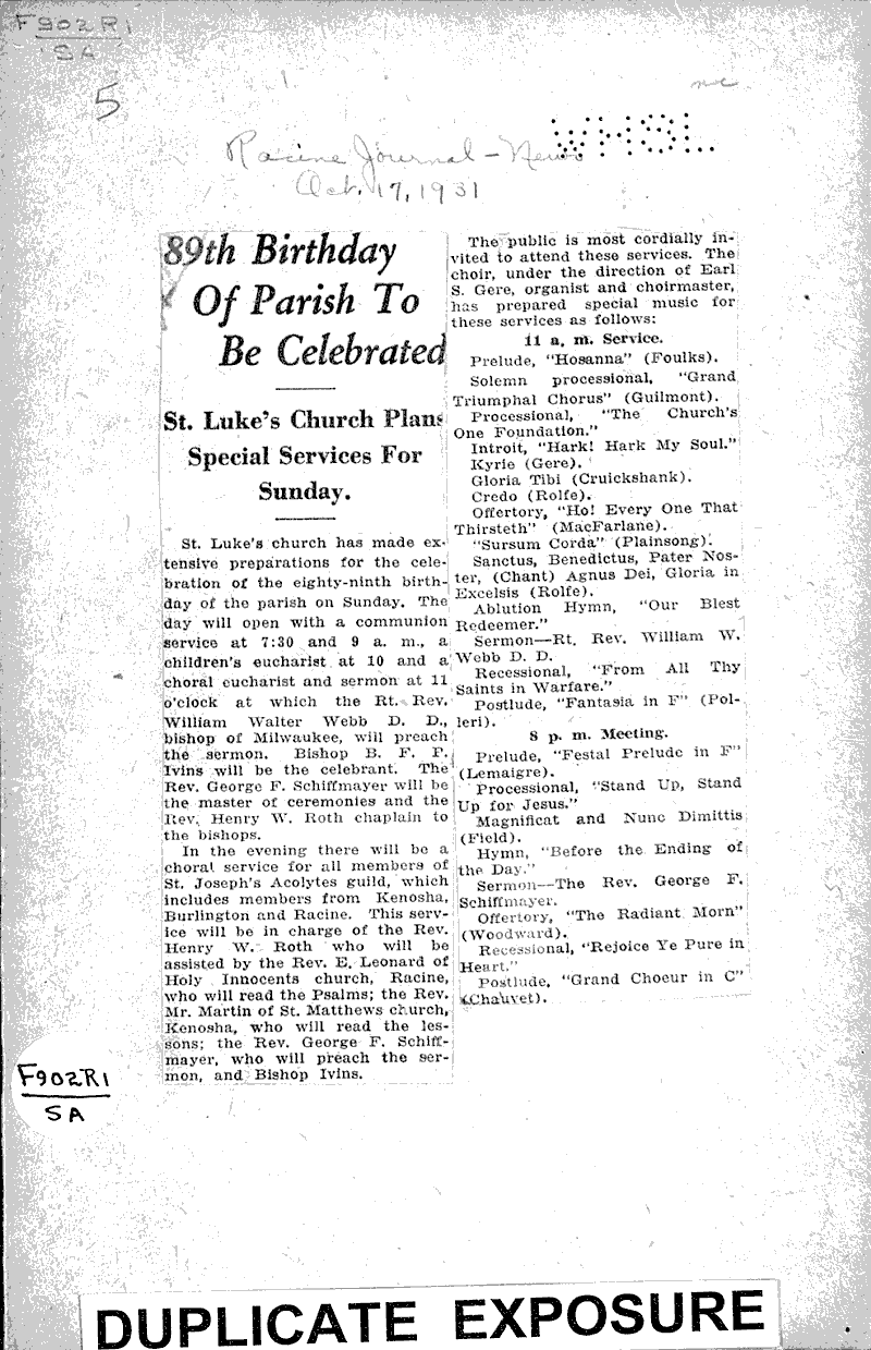  Source: Racine Journal-News Topics: Church History Date: 1931-10-17