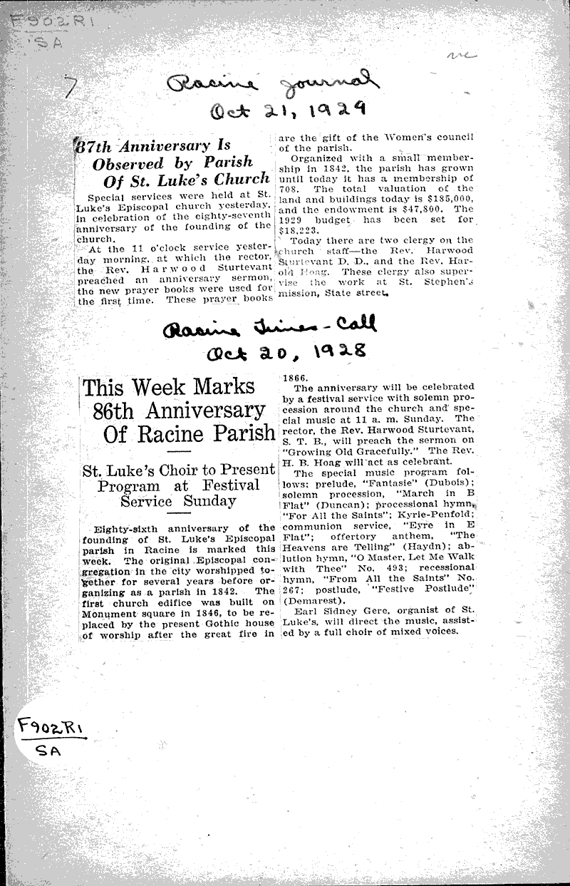  Source: Racine Journal Topics: Church History Date: 1929-10-21