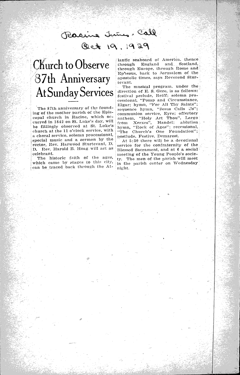  Source: Racine Times Call Topics: Church History Date: 1929-10-19
