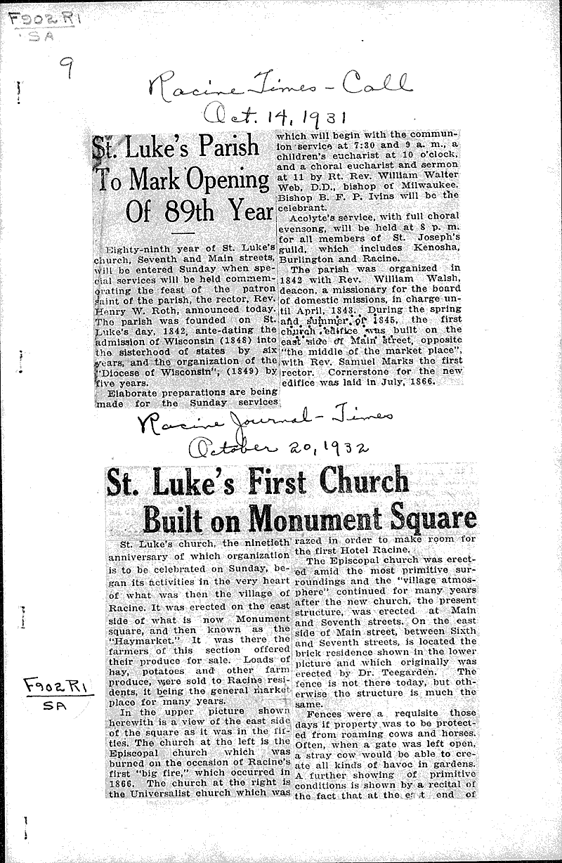  Source: Racine Times Call Topics: Church History Date: 1931-10-14