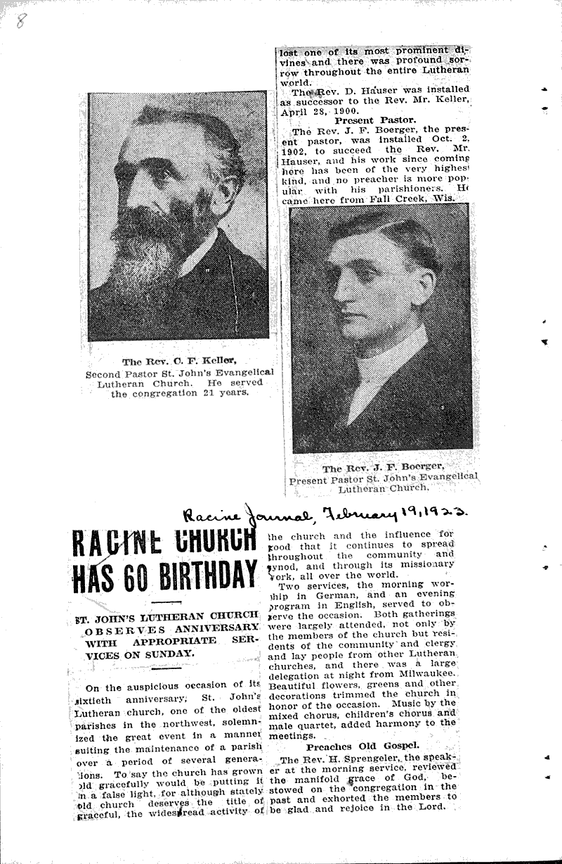  Source: Racine Journal Topics: Church History Date: 1923-02-19
