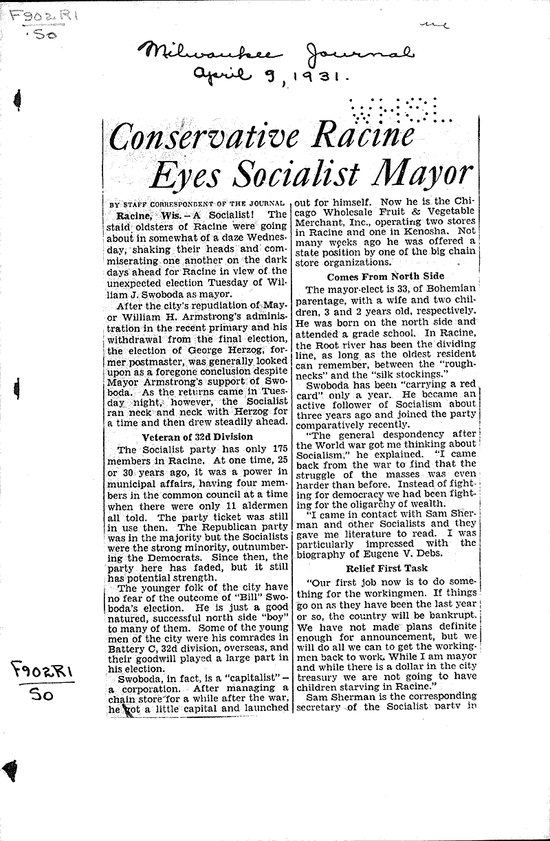  Source: Milwaukee Journal Topics: Government and Politics Date: 1931-04-09