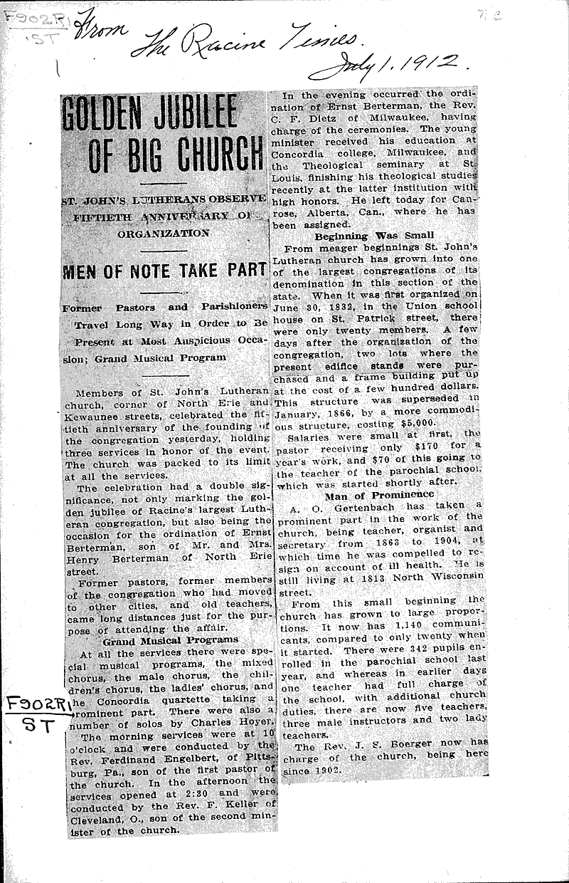  Source: Racine Times Topics: Church History Date: 1912-07-01