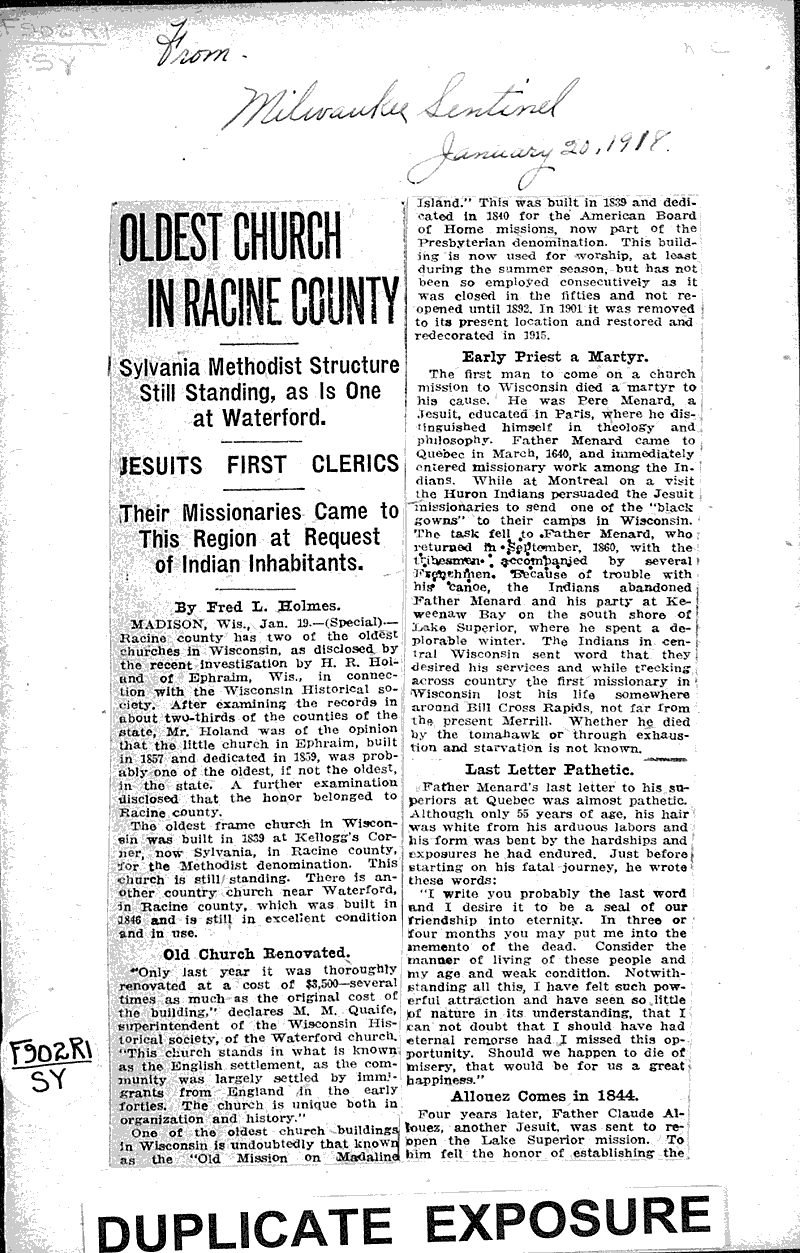  Source: Milwaukee Sentinel Topics: Church History Date: 1918-01-20