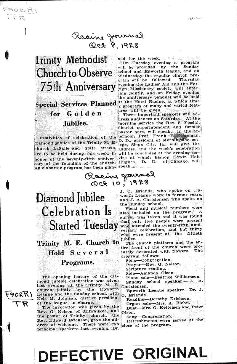  Source: Racine Journal Topics: Church History Date: 1928-10-10