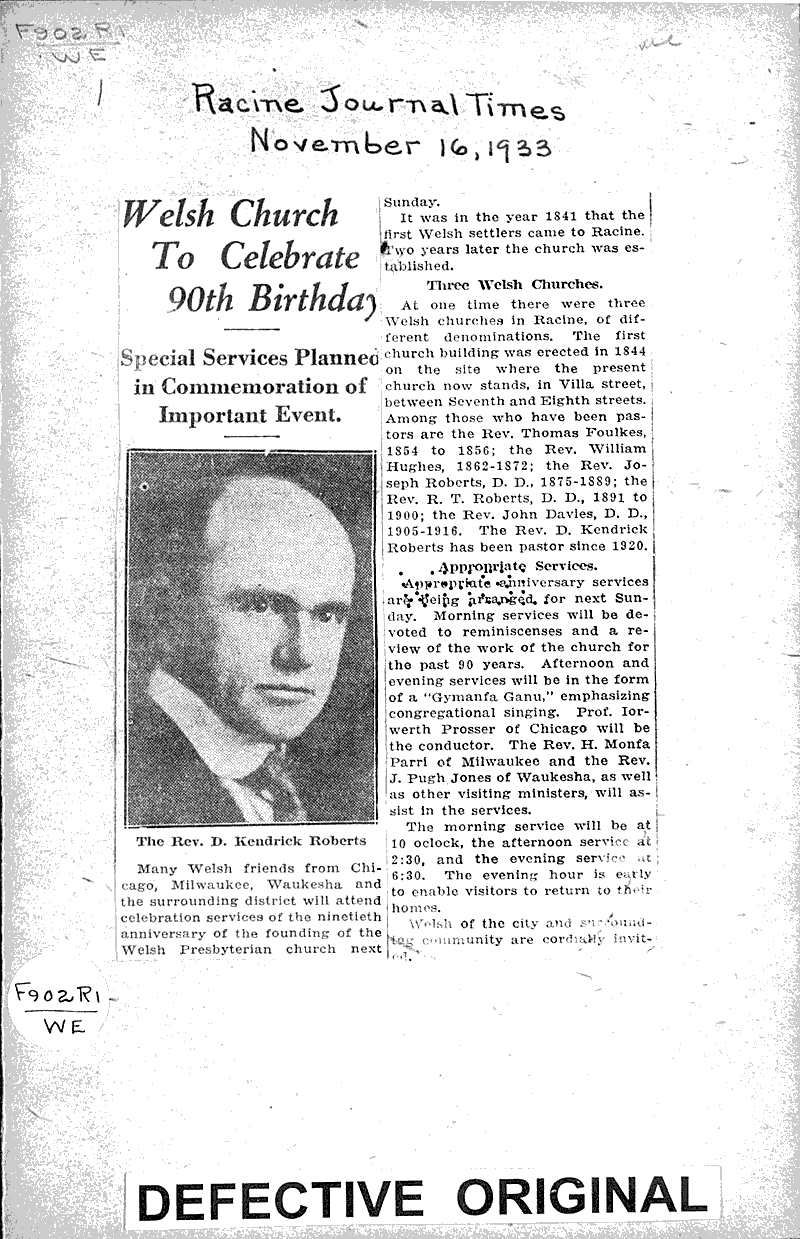  Source: Racine Journal-Times Topics: Church History Date: 1933-11-16