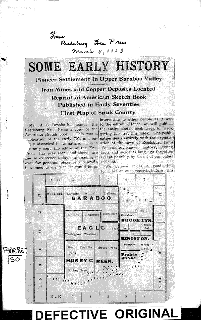 Some early history Source: Reedsburg Free Press Date: 1923-03-08