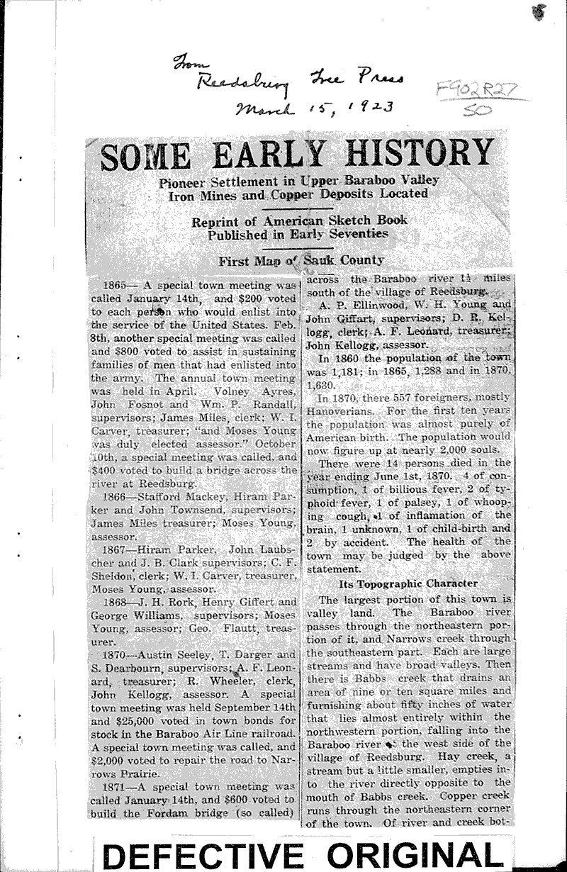 Some early history Source: Reedsburg Free Press Date: 1923-03-15