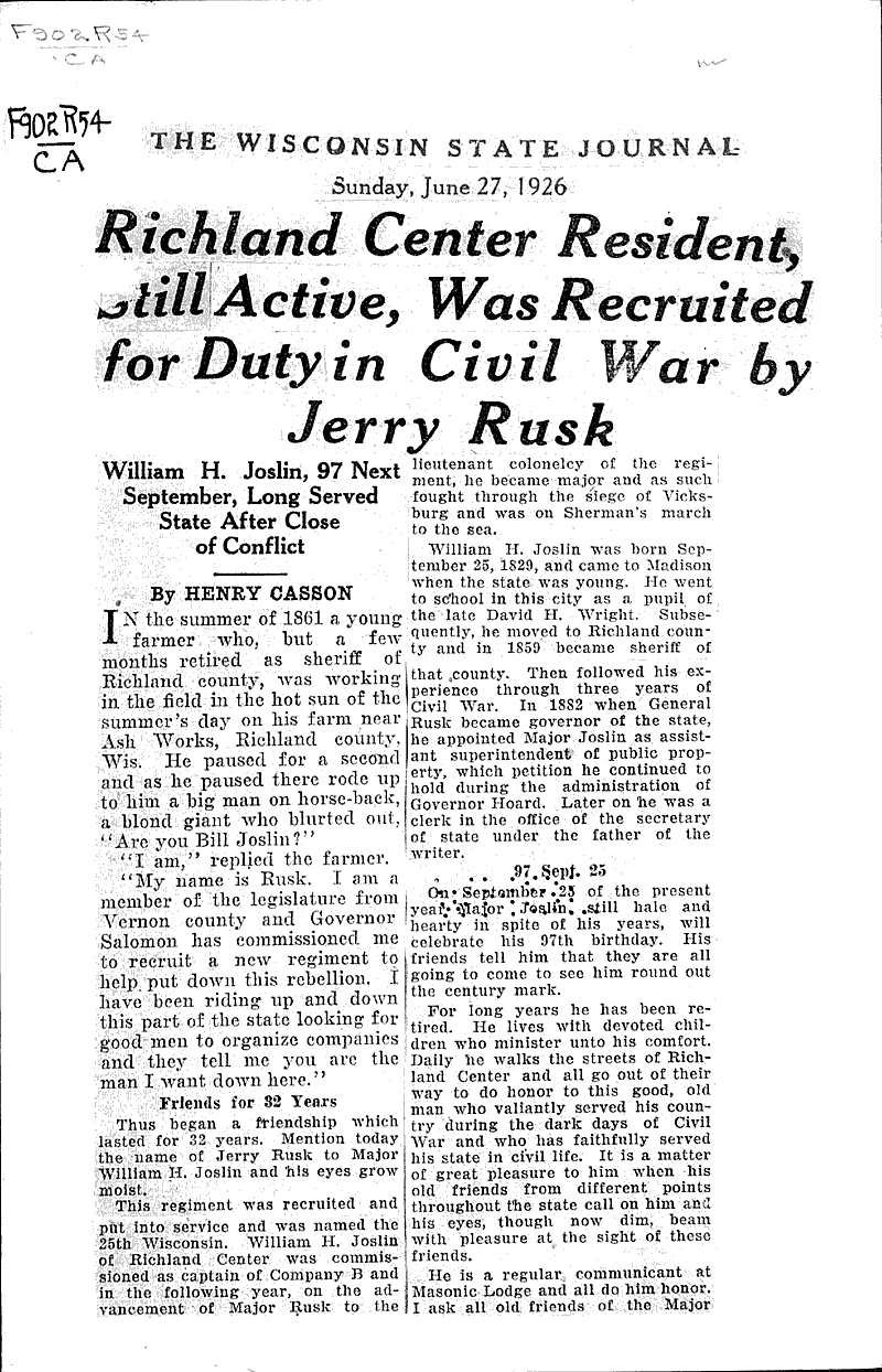  Source: Wisconsin State Journal Topics: Civil War Date: 1926-06-27