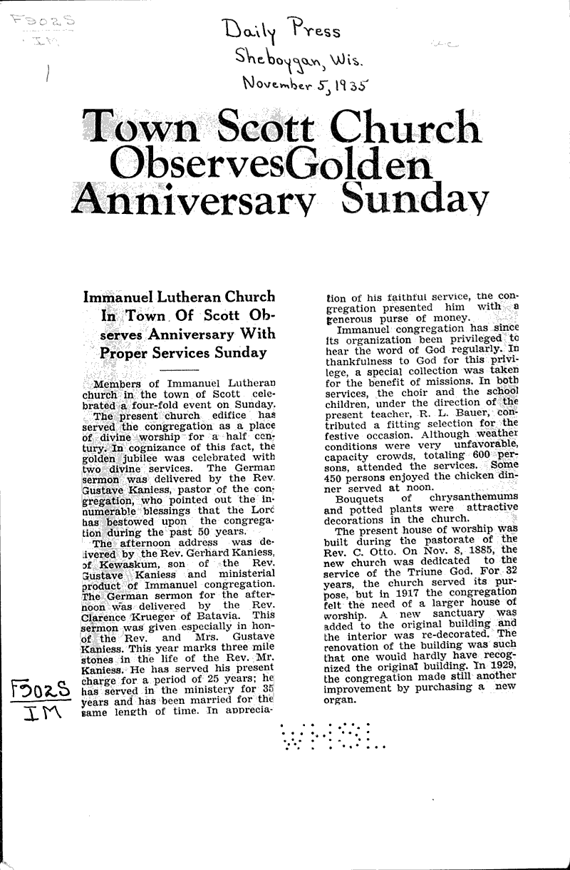  Source: Sheboygan Press Topics: Church History Date: 1935-11-05