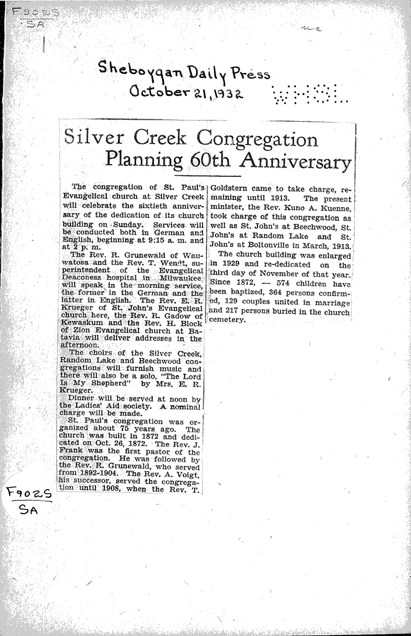  Source: Sheboygan Daily Press Topics: Church History Date: 1932-10-21