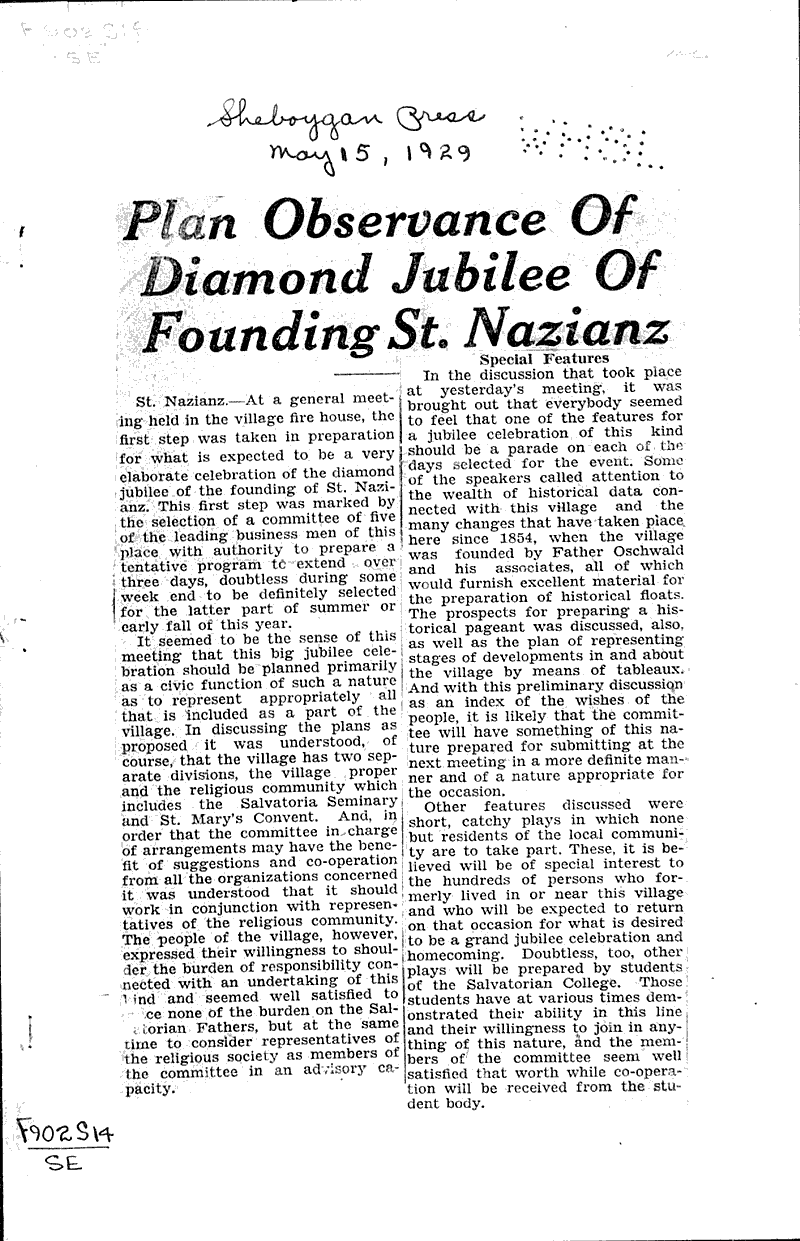 Olan obsevance of Siamonf Jubilee of founding St. Nazianz Source: Sheboygan Press Topics: Church History Date: 1929-05-15