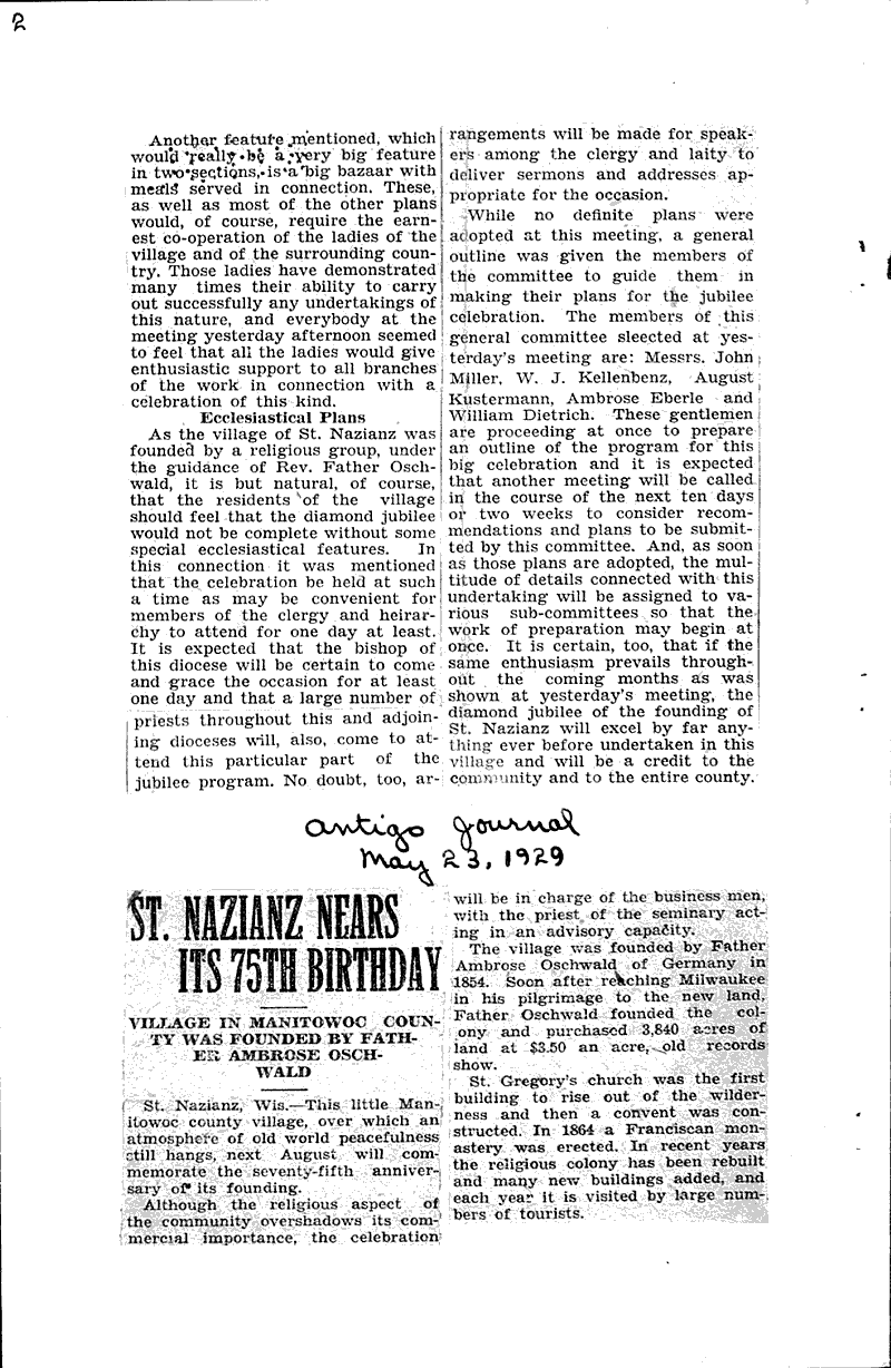 Olan obsevance of Siamonf Jubilee of founding St. Nazianz Source: Sheboygan Press Topics: Church History Date: 1929-05-15