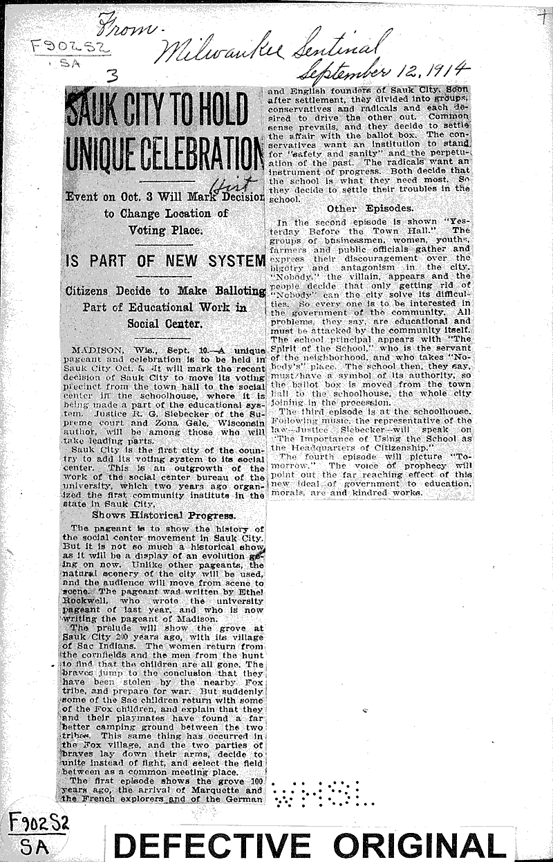 Sauk City to hold unique celebration Source: Milwaukee Sentinel Topics: Education Date: 1914-09-12