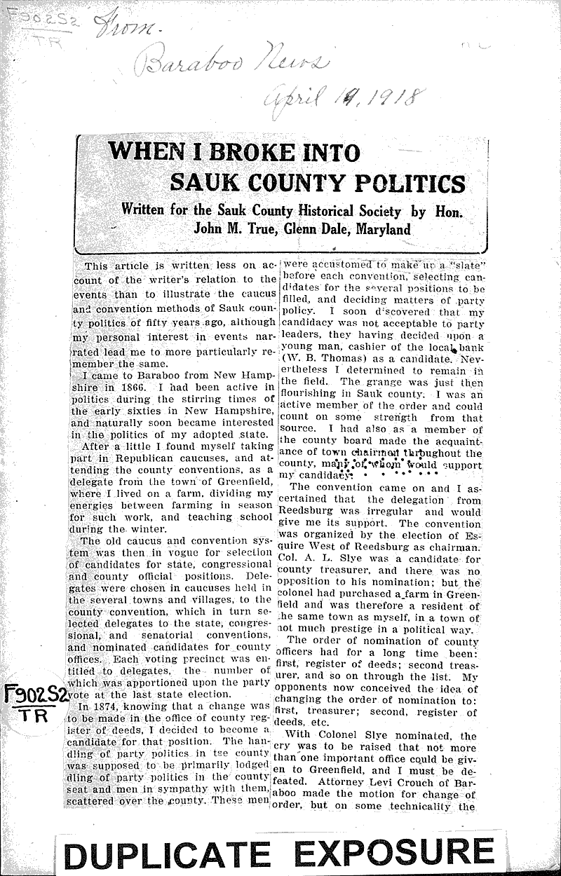  Source: Baraboo News Topics: Government and Politics Date: 1918-04-19