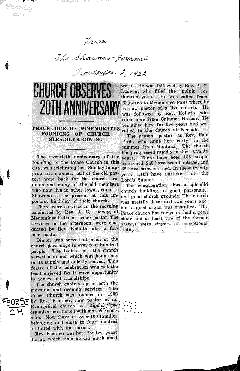  Source: Shawano Journal Topics: Church History Date: 1922-11-02