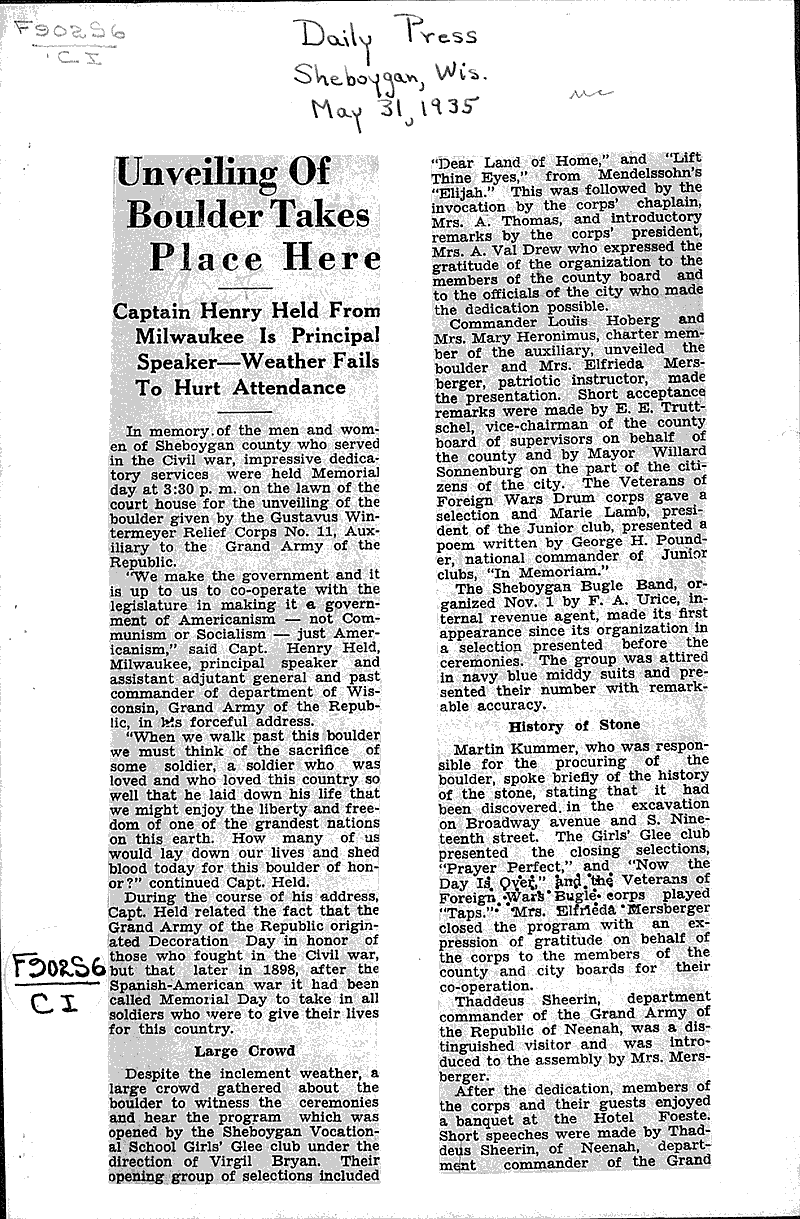  Source: Sheboygan Daily Press Topics: Civil War Date: 1935-05-31