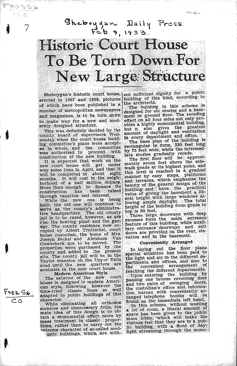  Source: Sheboygan Daily Press Topics: Architecture Date: 1933-02-09