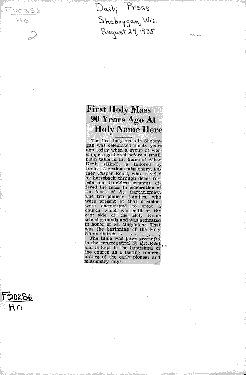  Source: Sheboygan Daily Press Topics: Church History Date: 1935-08-24