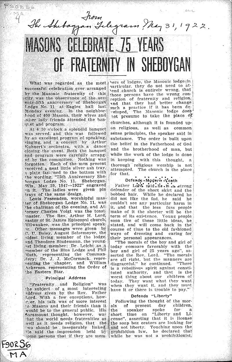  Source: Sheboygan Telegram Topics: Church History Date: 1922-05-31
