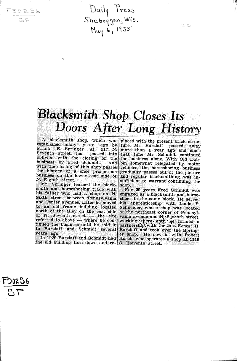 Blacksmith shop closes its doors after long history Source: Sheboygan Daily Press Topics: Industry Date: 1935-05-06