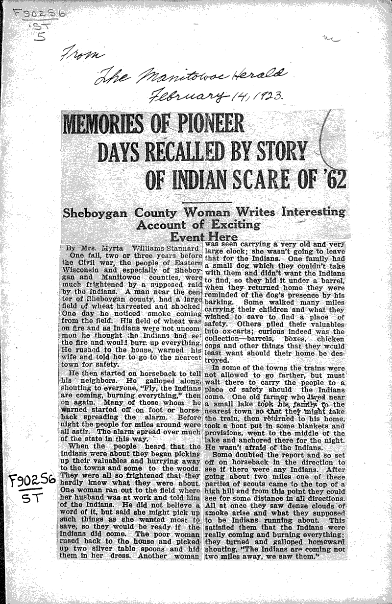 Memories of pioneer days recalled by story of Indian scare of '62 Source: Manitowoc Herald Topics: Indians and Native Peoples Date: 1923-02-14