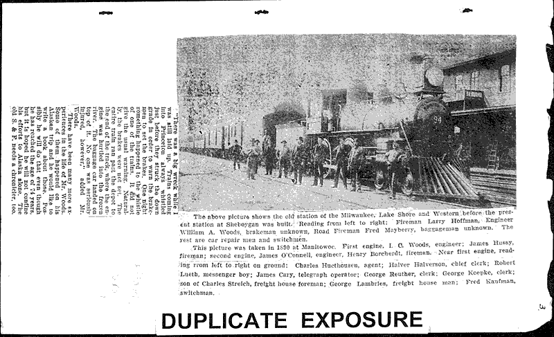 I.C. Wood, veteran engineer of this city, tells of early days of railroading, back in 1868, when first lines were built here Source: Manitowoc Herald Topics: Transportation Date: 1925-05-12