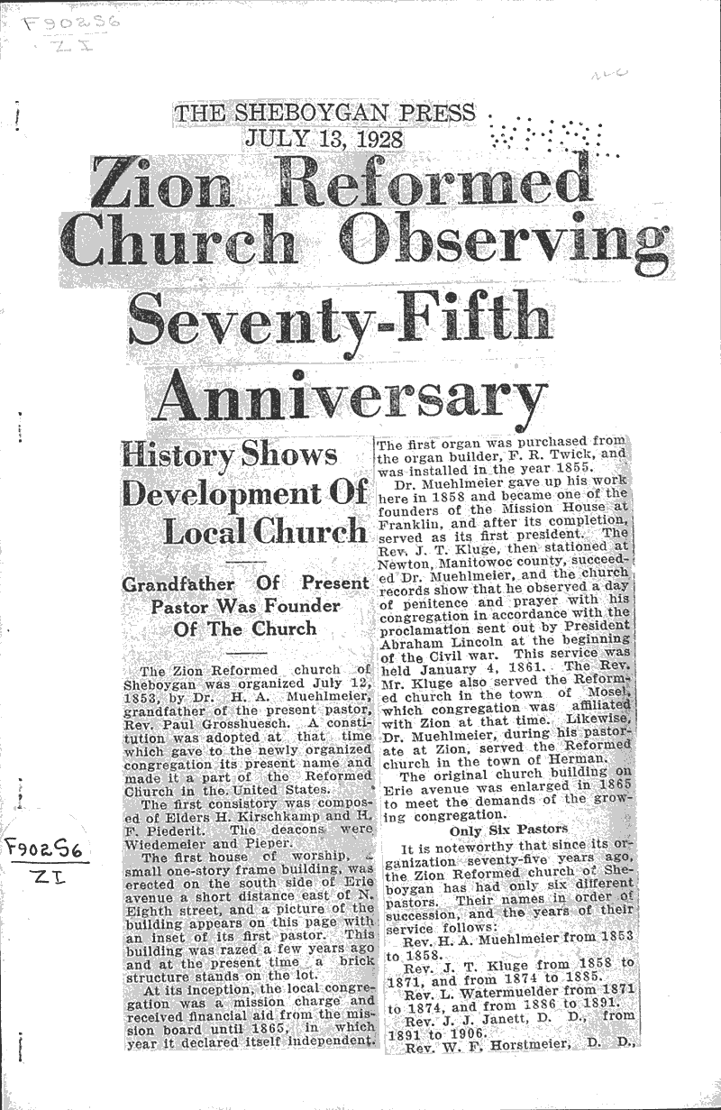  Source: Sheboygan Press Topics: Church History Date: 1928-07-13