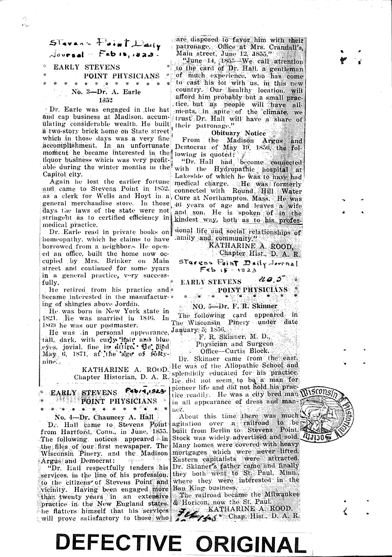  Source: Stevens Point Daily Journal Date: 1923-02-??