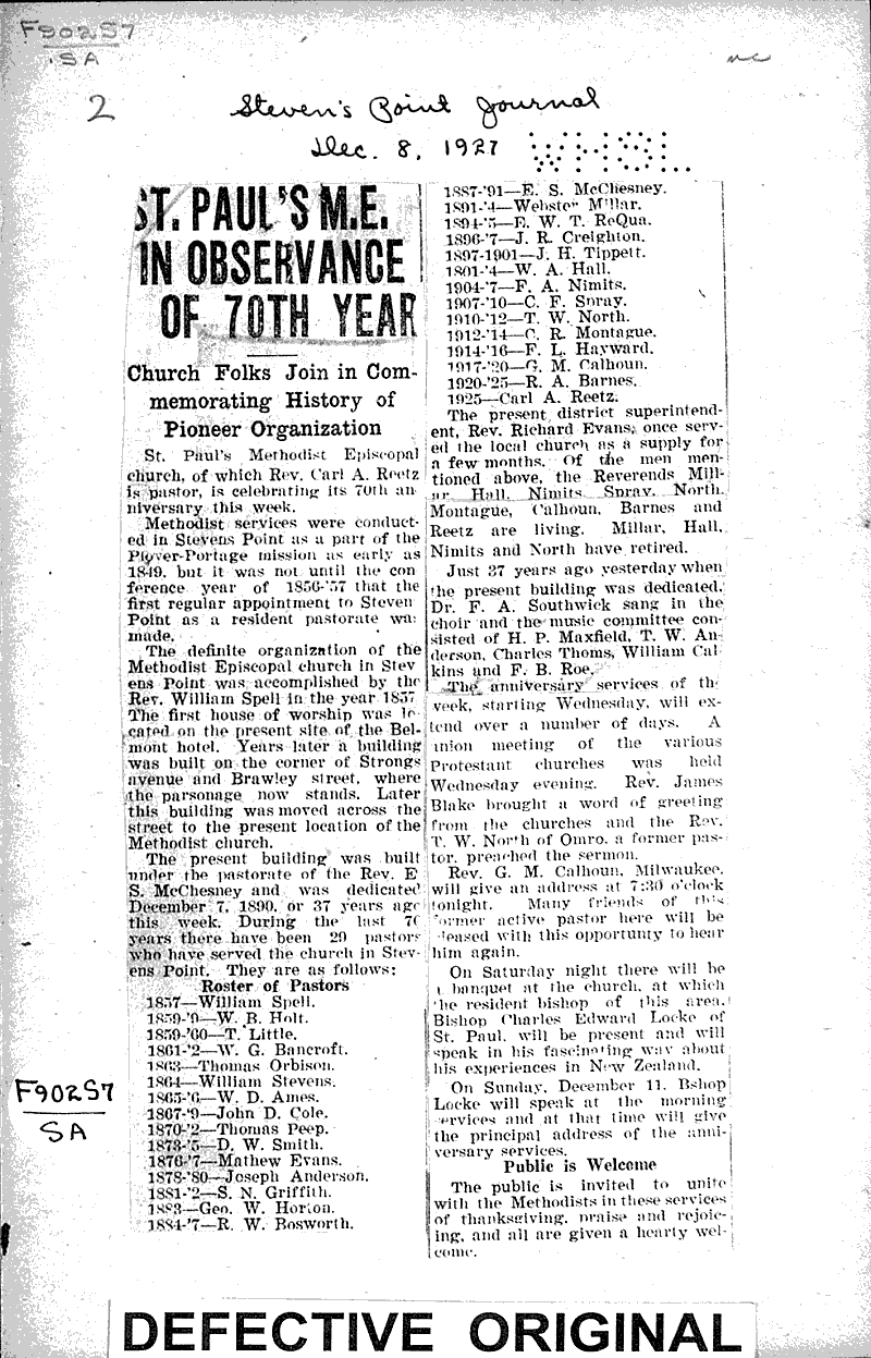  Source: Stevens Point Journal Topics: Church History Date: 1927-12-08