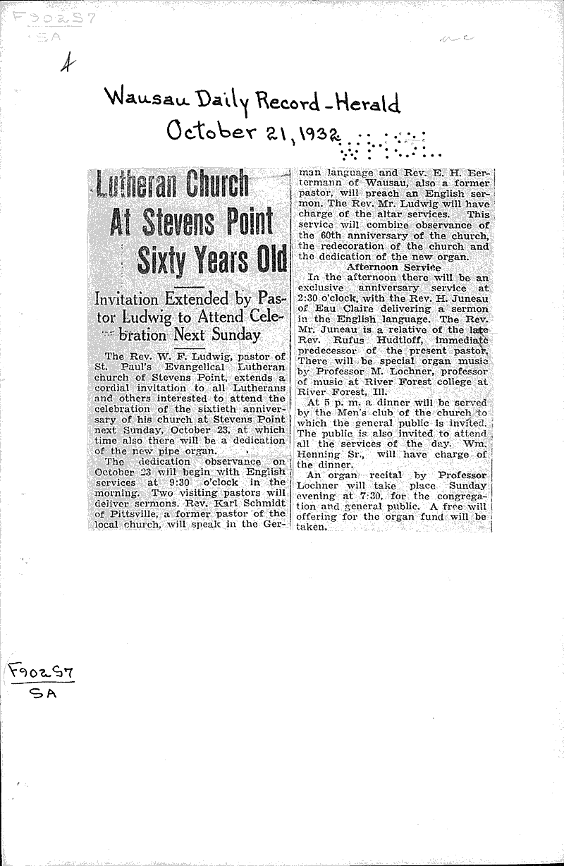 Lutheran church at Stevens Point sixty years old Source: Wausau Daily Record-Herald Topics: Church History Date: 1932-10-21