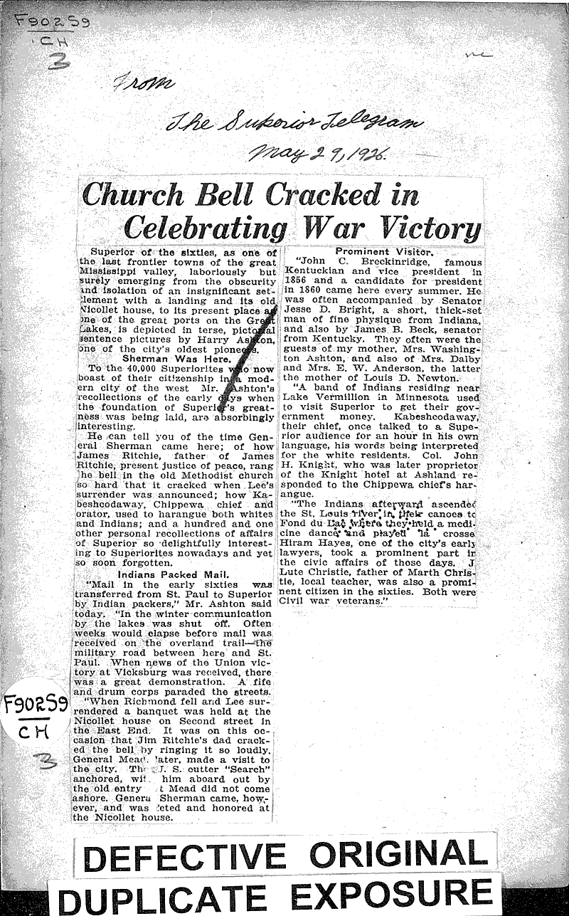  Source: Superior Telegram Topics: Church History Date: 1926-05-29