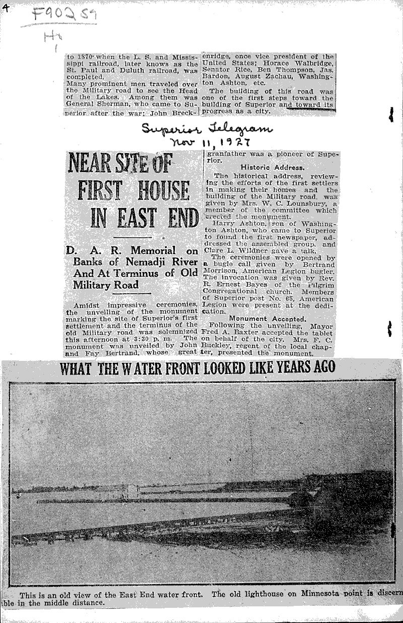 Near site of first house in east end Source: Superior Telegram Topics: Architecture Date: 1927-11-11