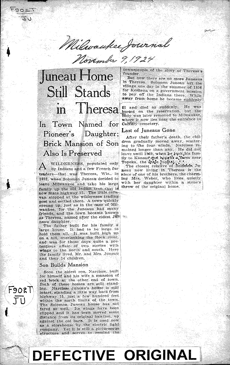 Juneau home still stands in Theresa Newspaper Article/Clipping