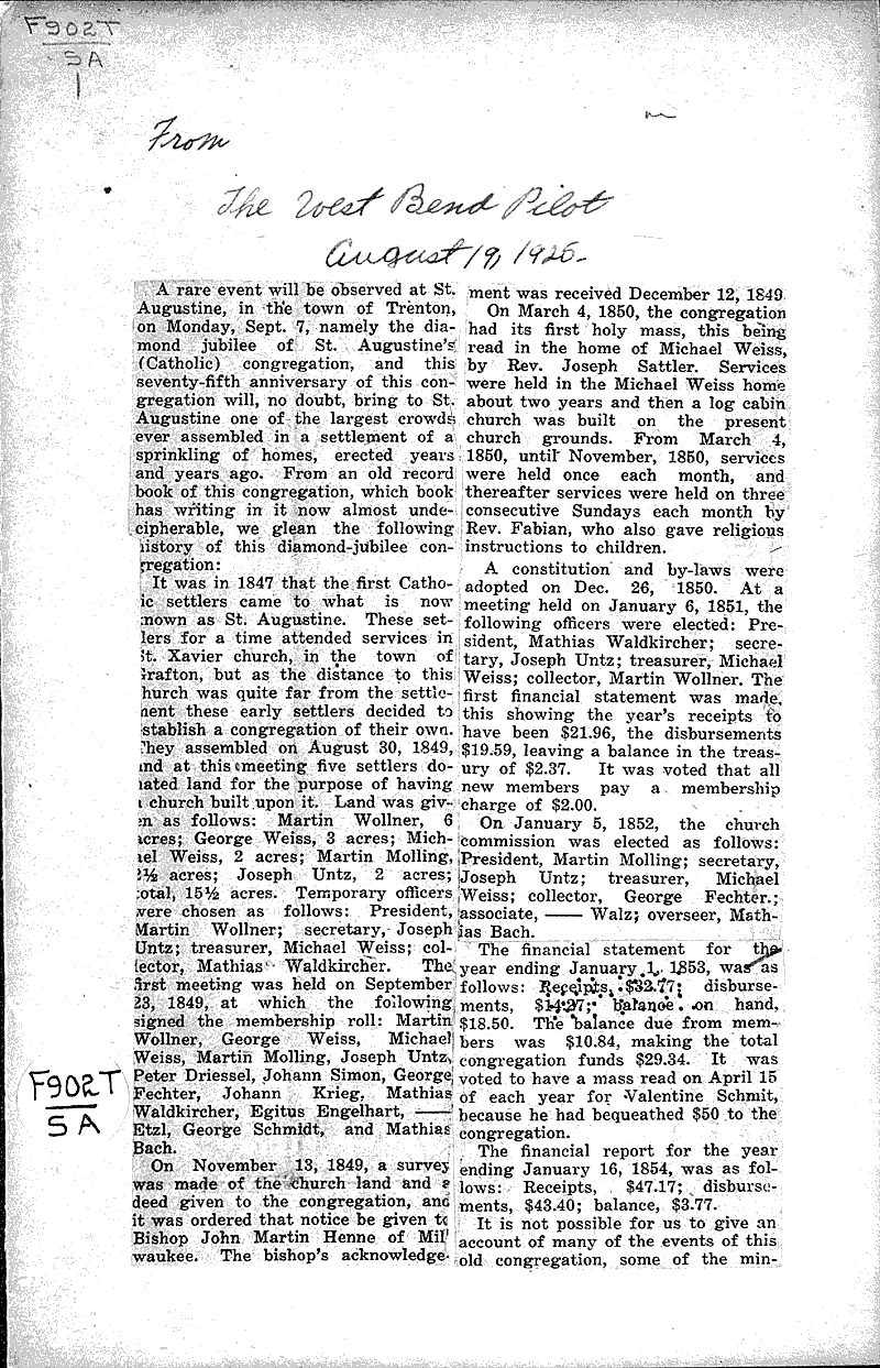  Source: West Bend Pilot Topics: Church History Date: 1925-08-19