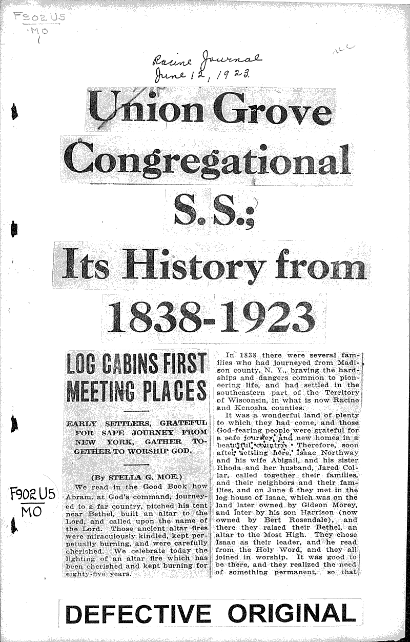  Source: Racine Journal Topics: Church History Date: 1923-06-12