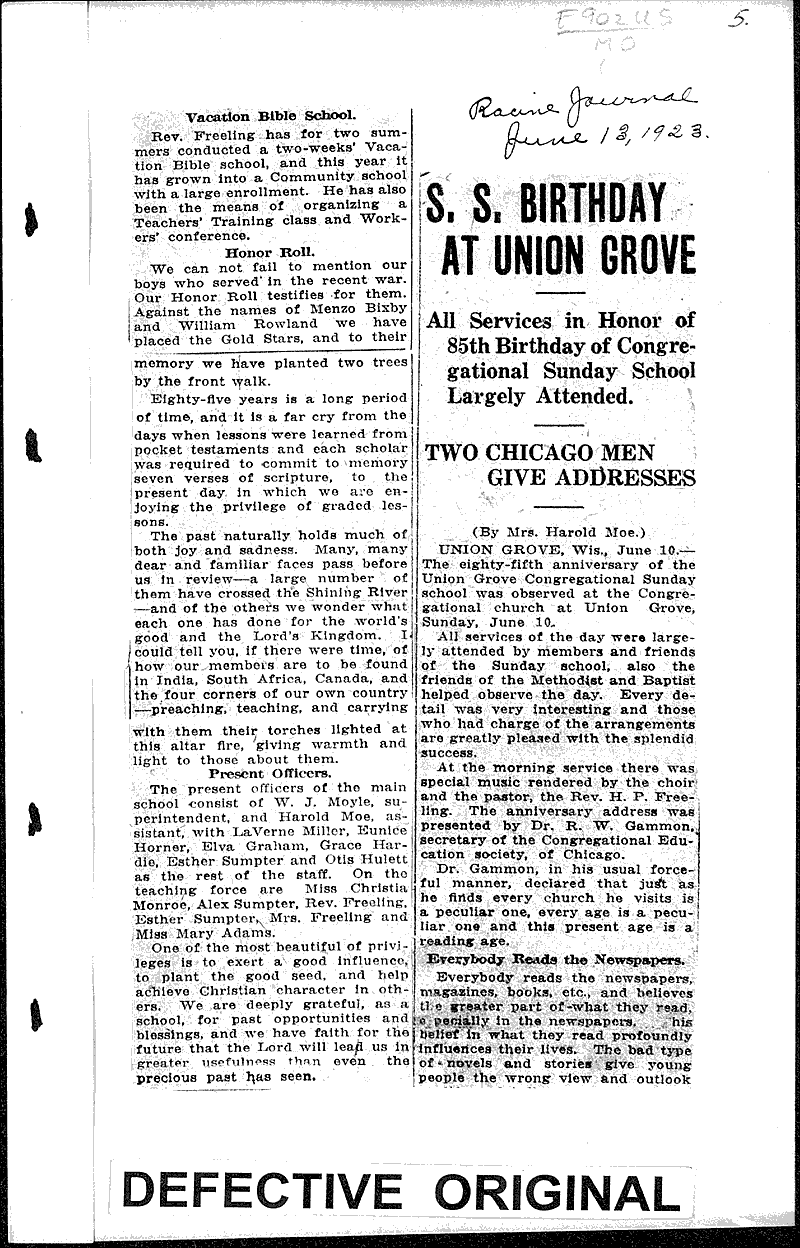 Union Grove congregational S.S.; its history from 18381923 Newspaper