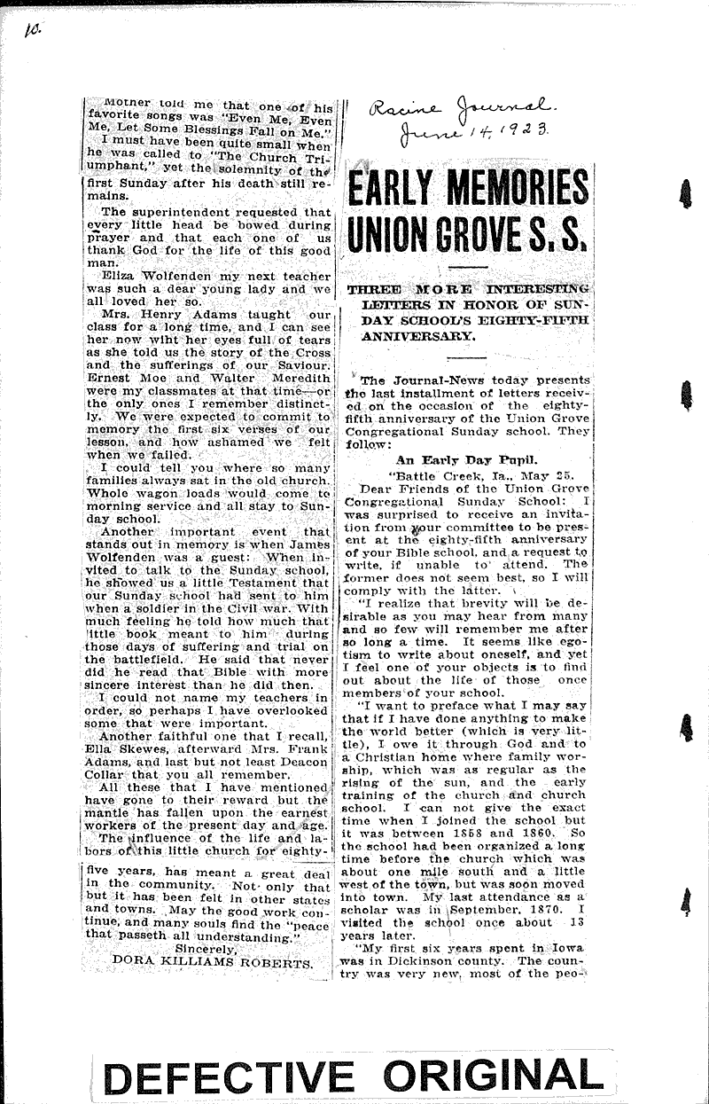  Source: Racine Journal Topics: Church History Date: 1923-06-12