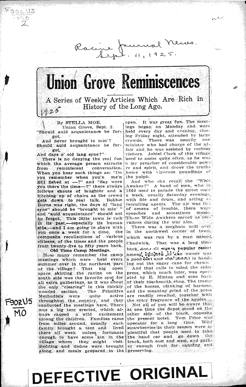 Union Grove reminiscences Source: Racine Journal-News Topics: Church History Date: 1925-09-04