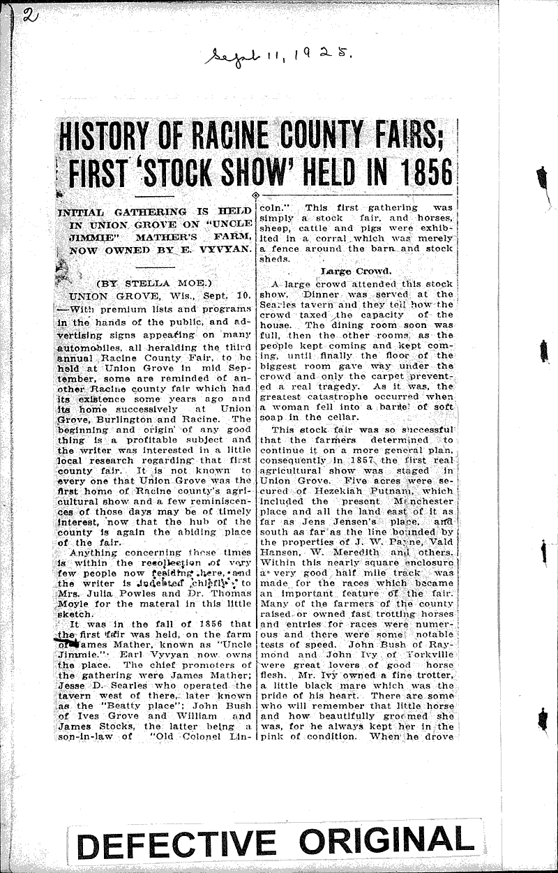 Union Grove reminiscences Source: Racine Journal-News Topics: Church History Date: 1925-09-04