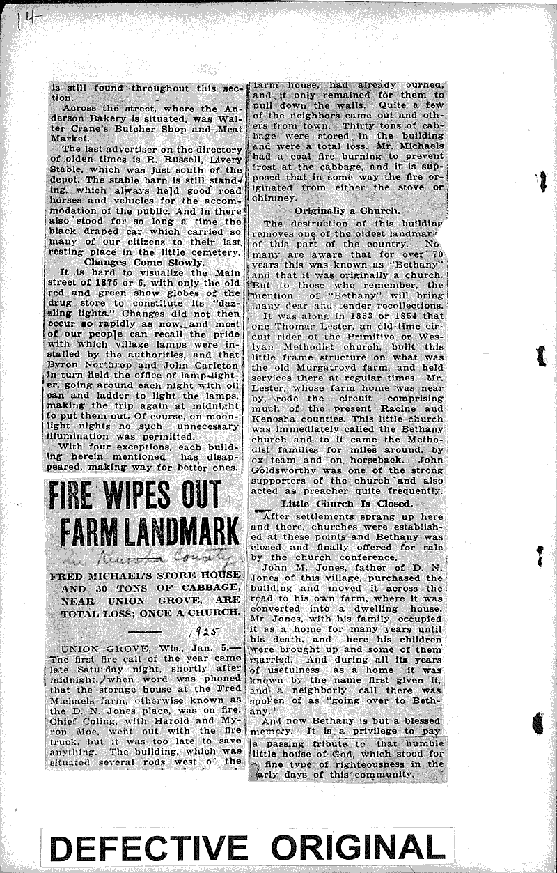 Union Grove reminiscences Source: Racine Journal-News Topics: Church History Date: 1925-09-04