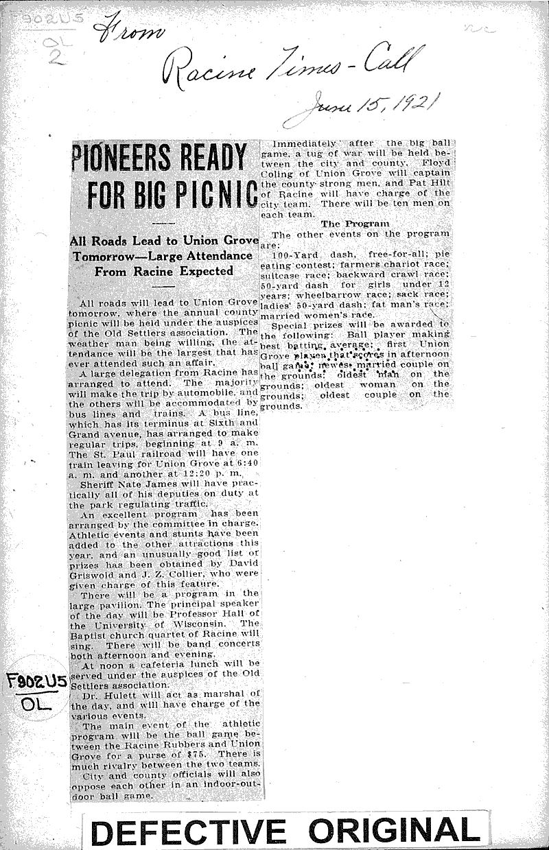  Source: Racine Times Call Date: 1921-06-15
