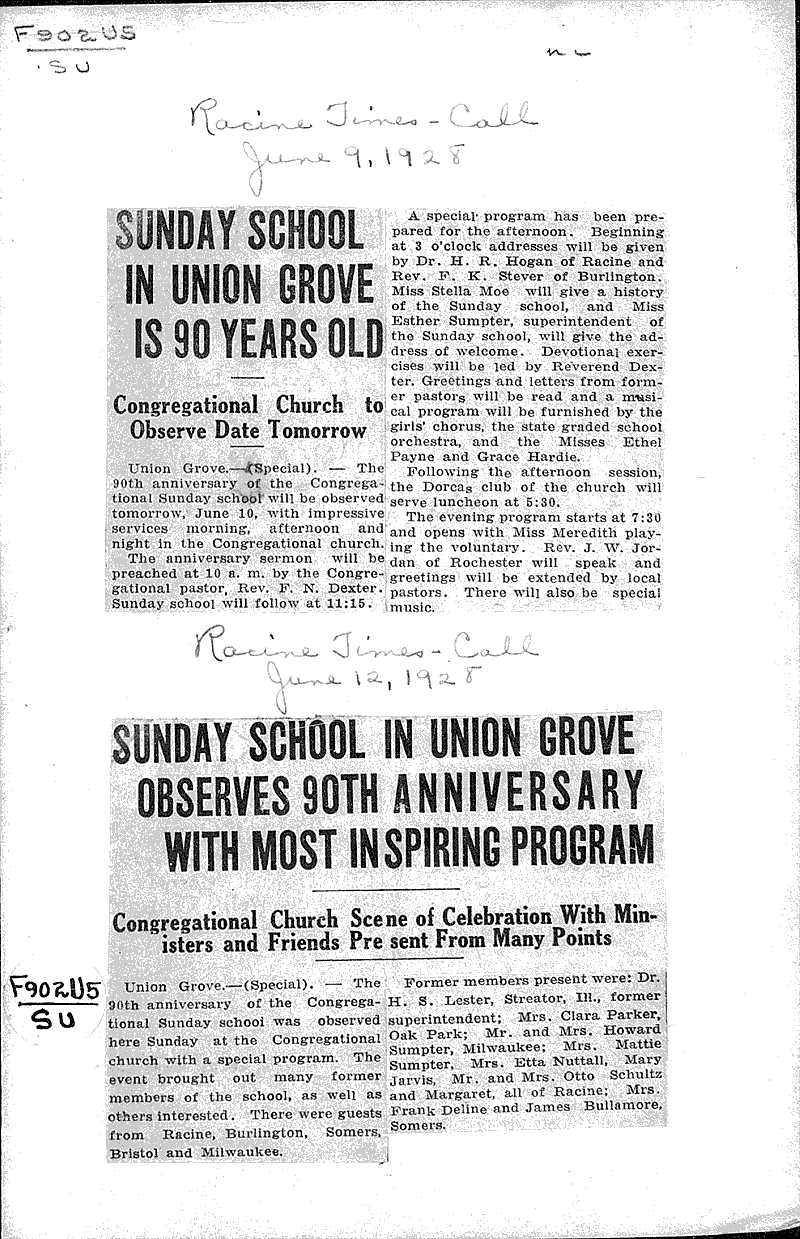  Source: Racine Times Call Topics: Church History Date: 1928-06-09