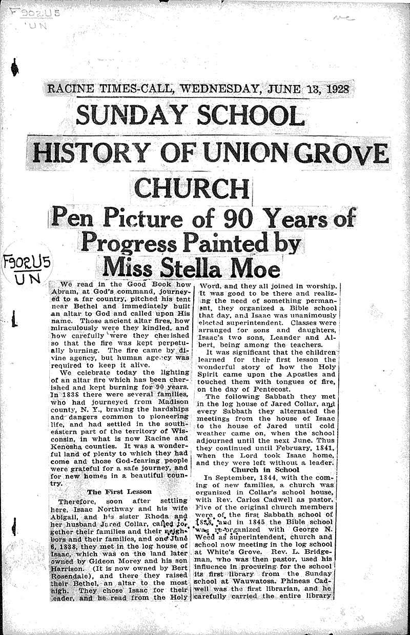  Source: Racine Times Call Topics: Church History Date: 1928-06-13