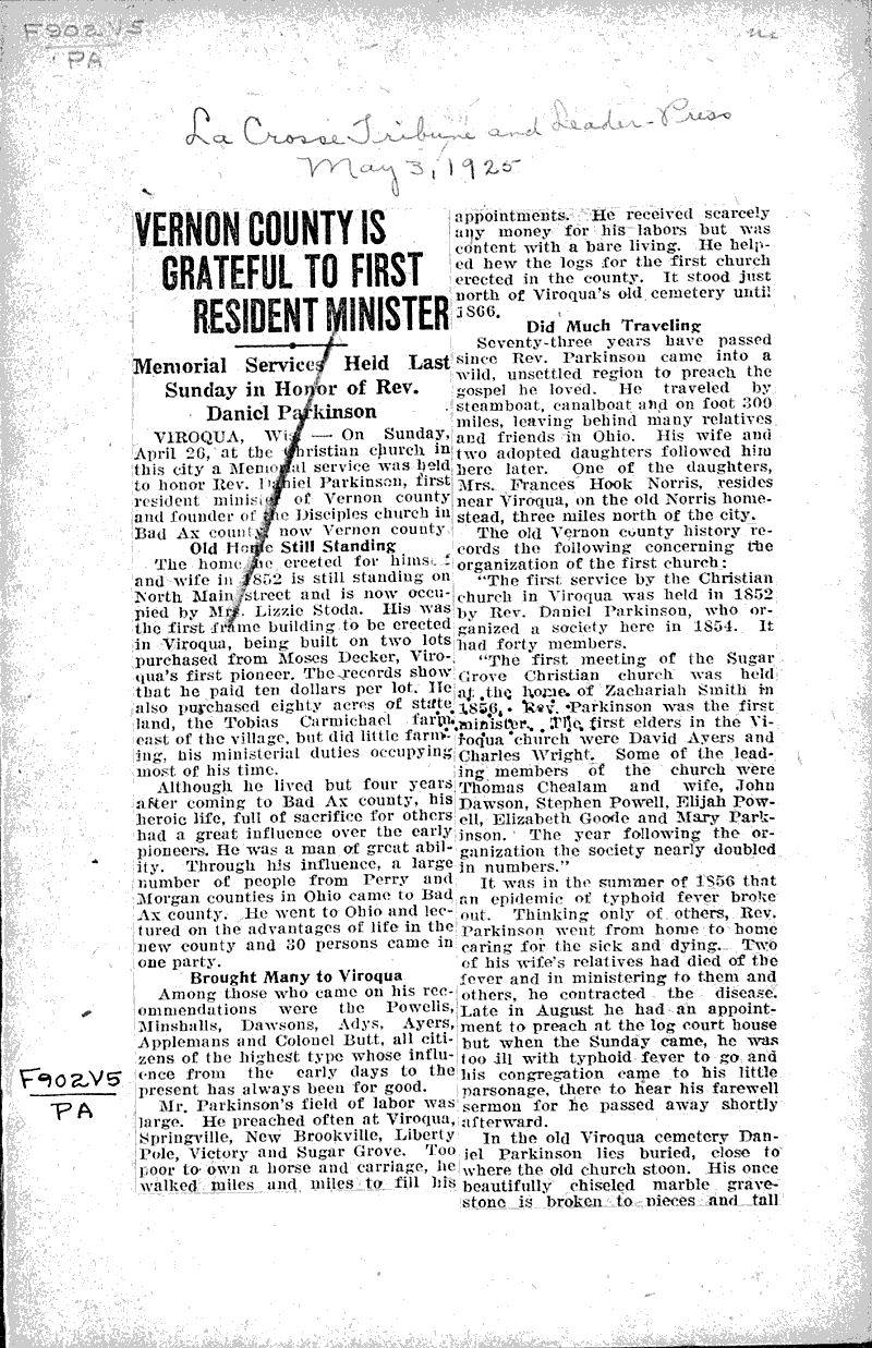 Vernon County is grateful to first resident minister Source: La Crosse Tribune and Leader-Press Topics: Church History Date: 1925-05-03